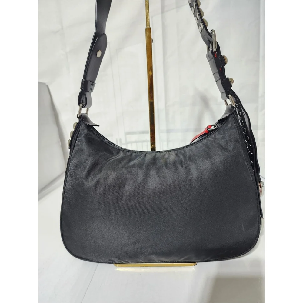 PRADA Tessuto Nylon Studded New Vela Hobo Bag Black
